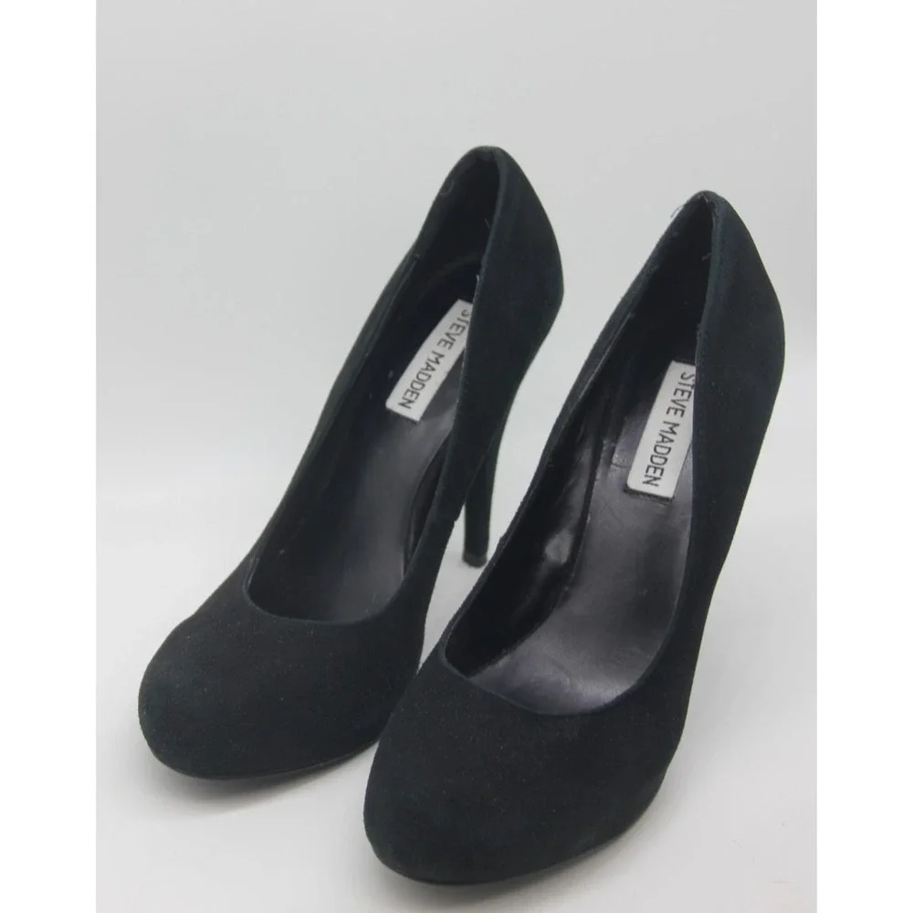Steve Madden Black Suede Trinitie Heels 7M Platform Glam Night Out Statement Y2K